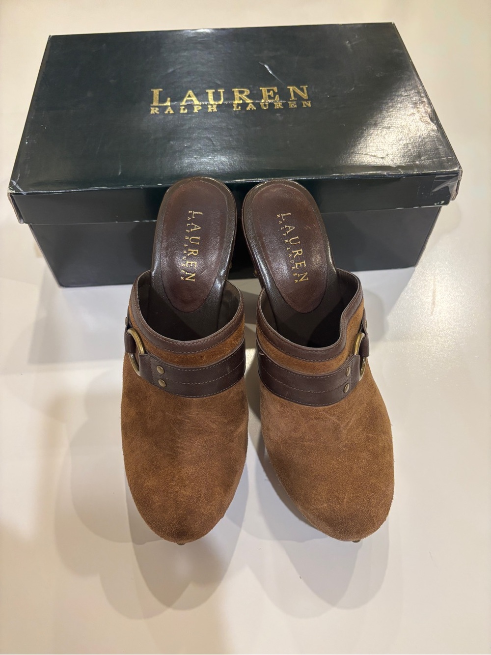 Lauren Ralph Lauren Brown Suede Mule Slides‎ with Dark Brown Leather Strap